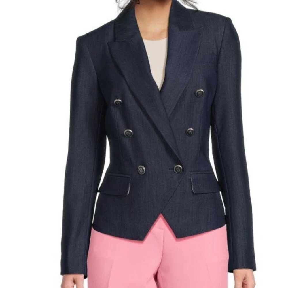 Karl Lagerfeld Double Breasted Stretch Woven Peak Lapel Blazer Navy Womens 14